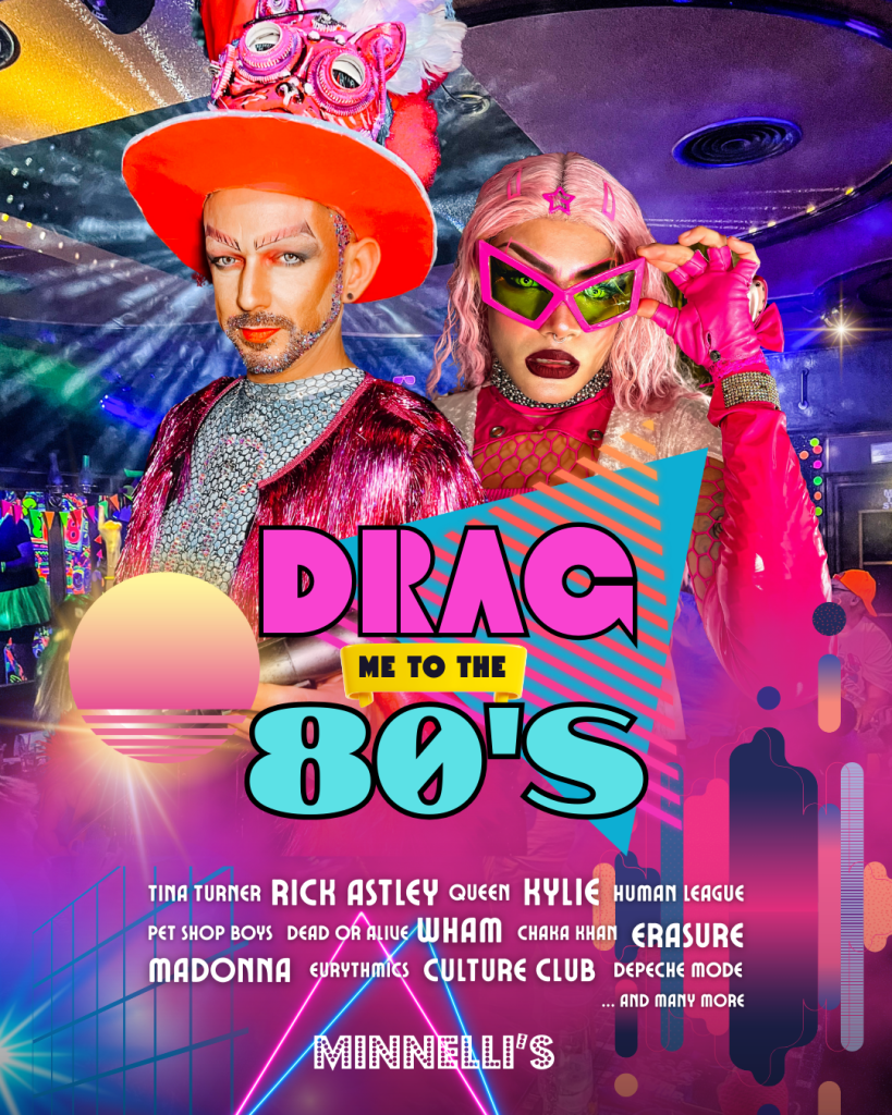 King Key and Violet Rouge performing live at Drag Me to the 80s, Minnelli’s drag cabaret show in Benalmádena on the Costa del Sol
