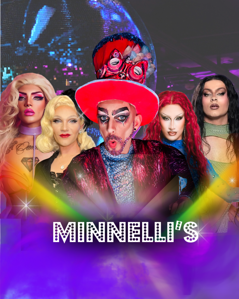 Poster for Minnelli’s Friday Drag Cabaret Show in Benalmádena featuring King Key, Lana L’Amour, Violet Rouge, Dafne Mugler, and Talavera.