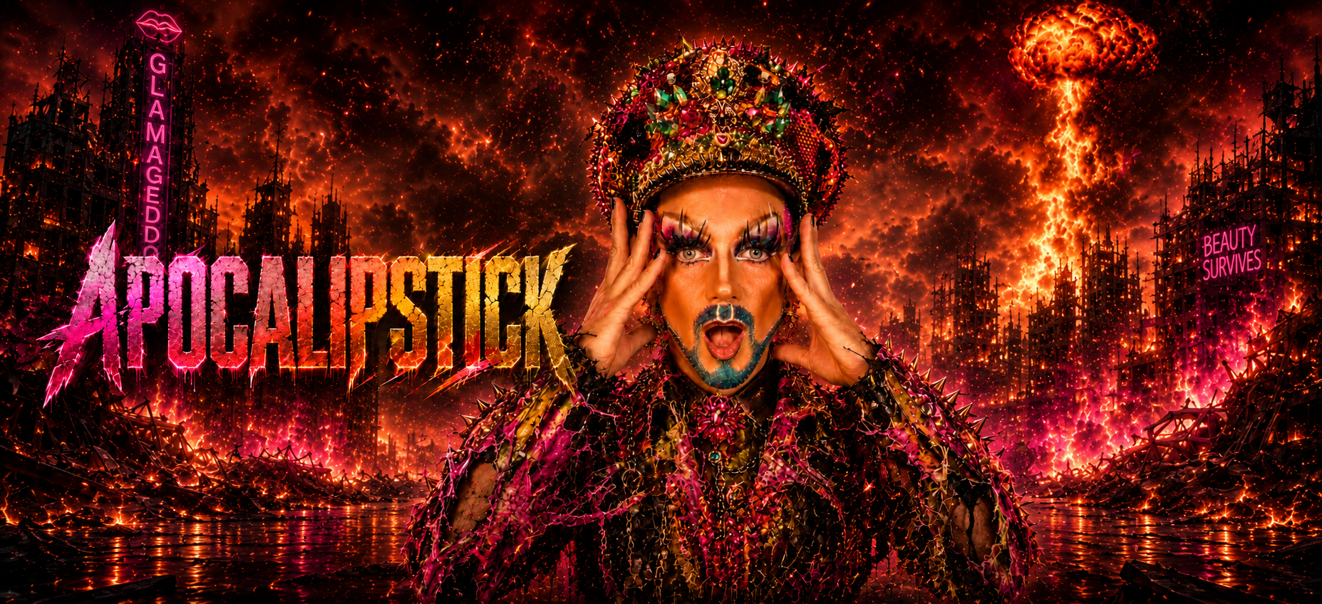 King Key in apocalyptic drag glamour for Apocalipstick, a live drag cabaret show at Minnelli’s in Benalmádena.