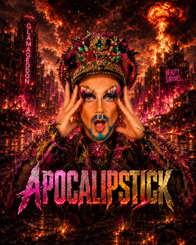King Key in apocalyptic drag glamour for Apocalipstick, a live singing drag cabaret show at Minnelli’s in Benalmádena.